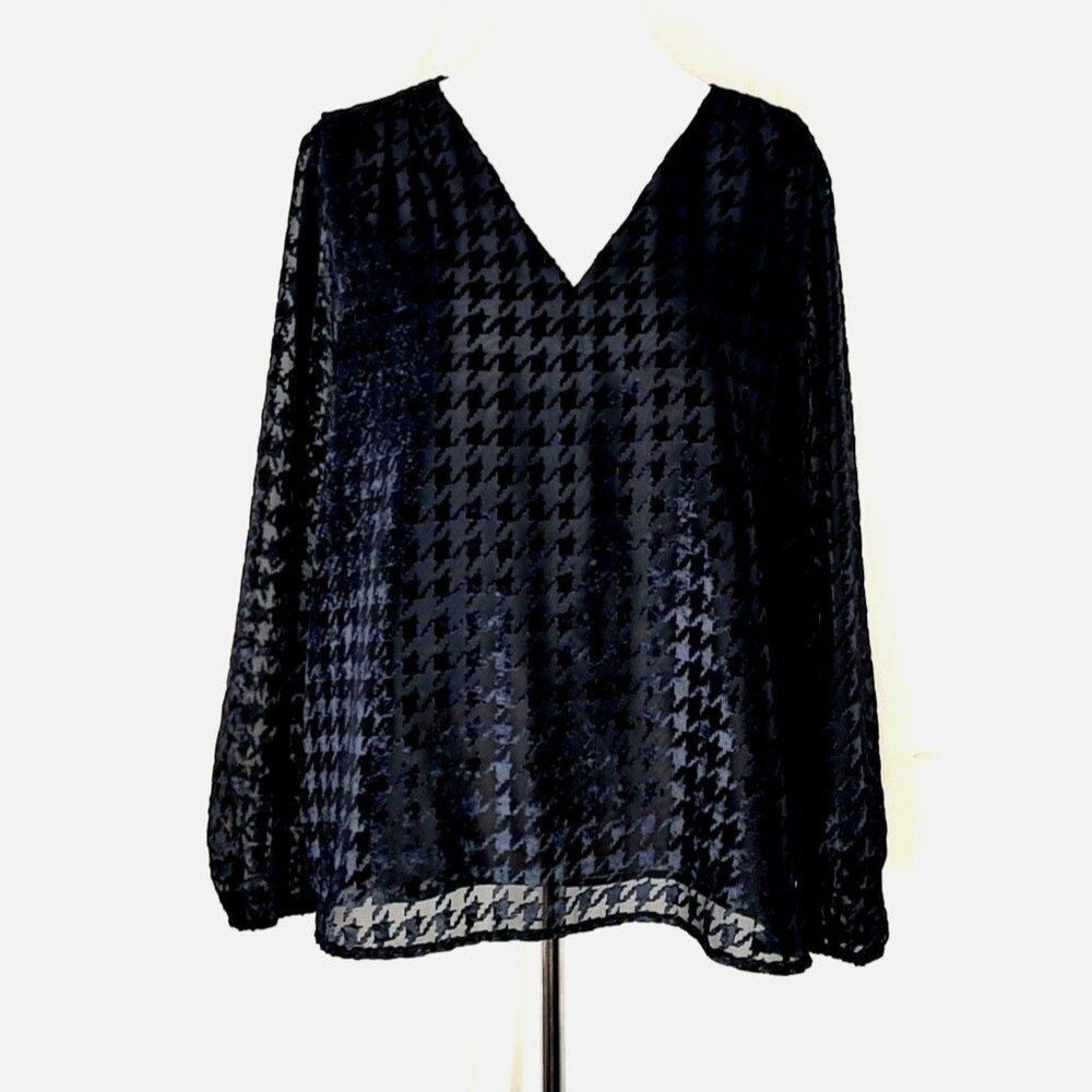 Ann taylor Houndtooth Blouse Black XL sheer Sleeve - Picture 4 of 10